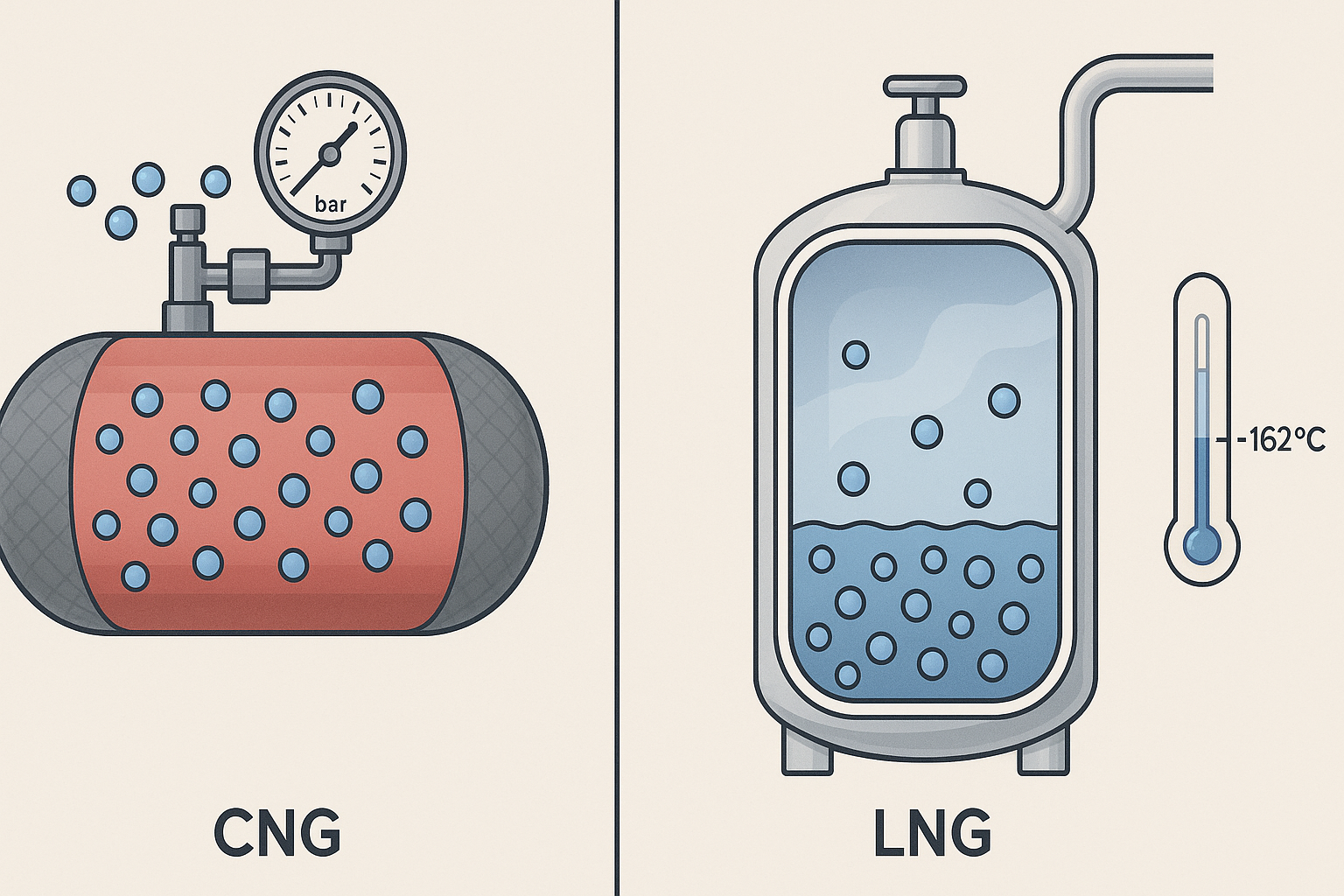 تفاوت CNG و LNG در حالت ذخیرهسازی مقایسهٔ علمی مخزن CNG پرفشار و مخزن LNG برودتی حاوی متان