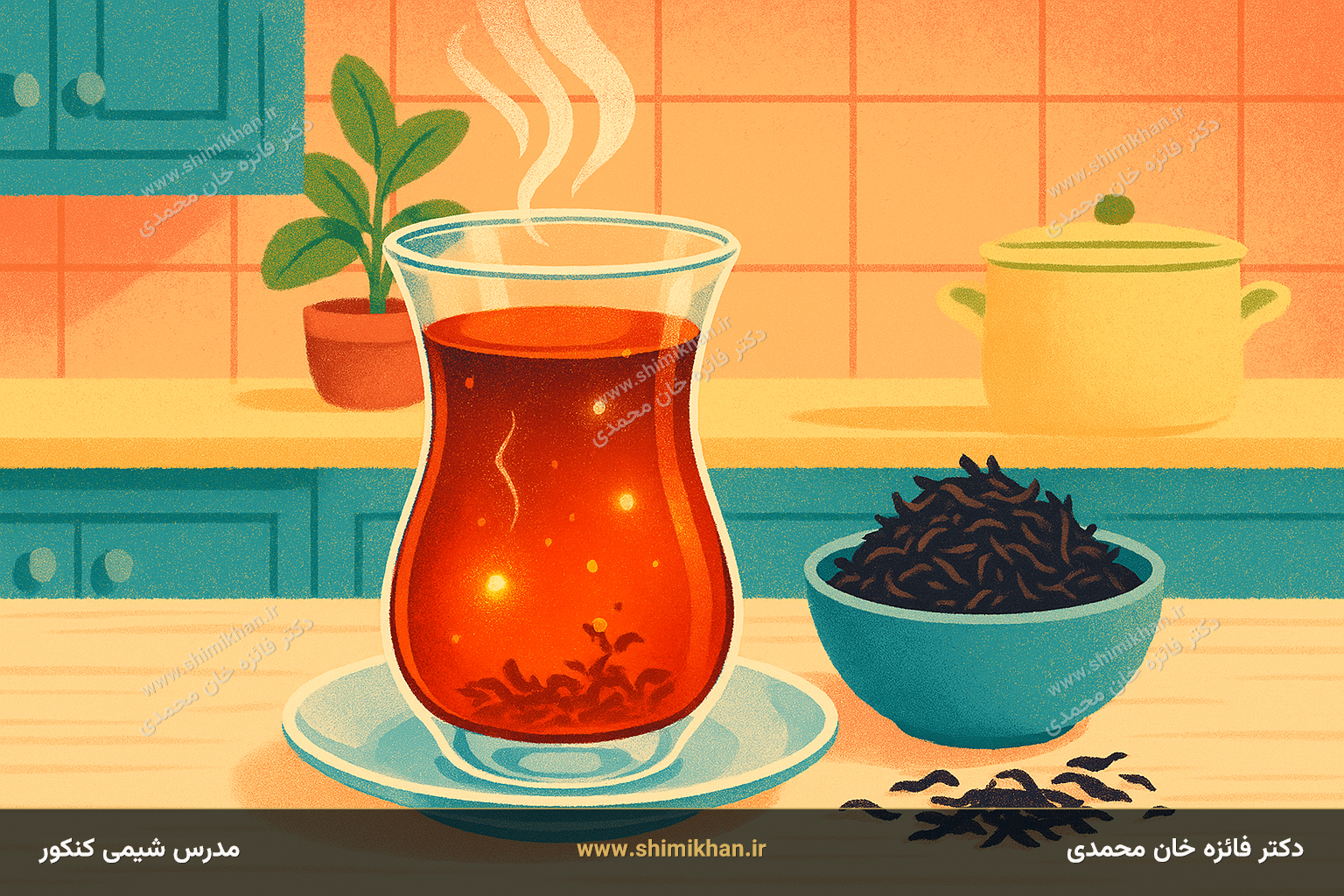 استکان چای ایرانی با نمایش نمادین مقدار بسیار کمی آهن محلول در آن